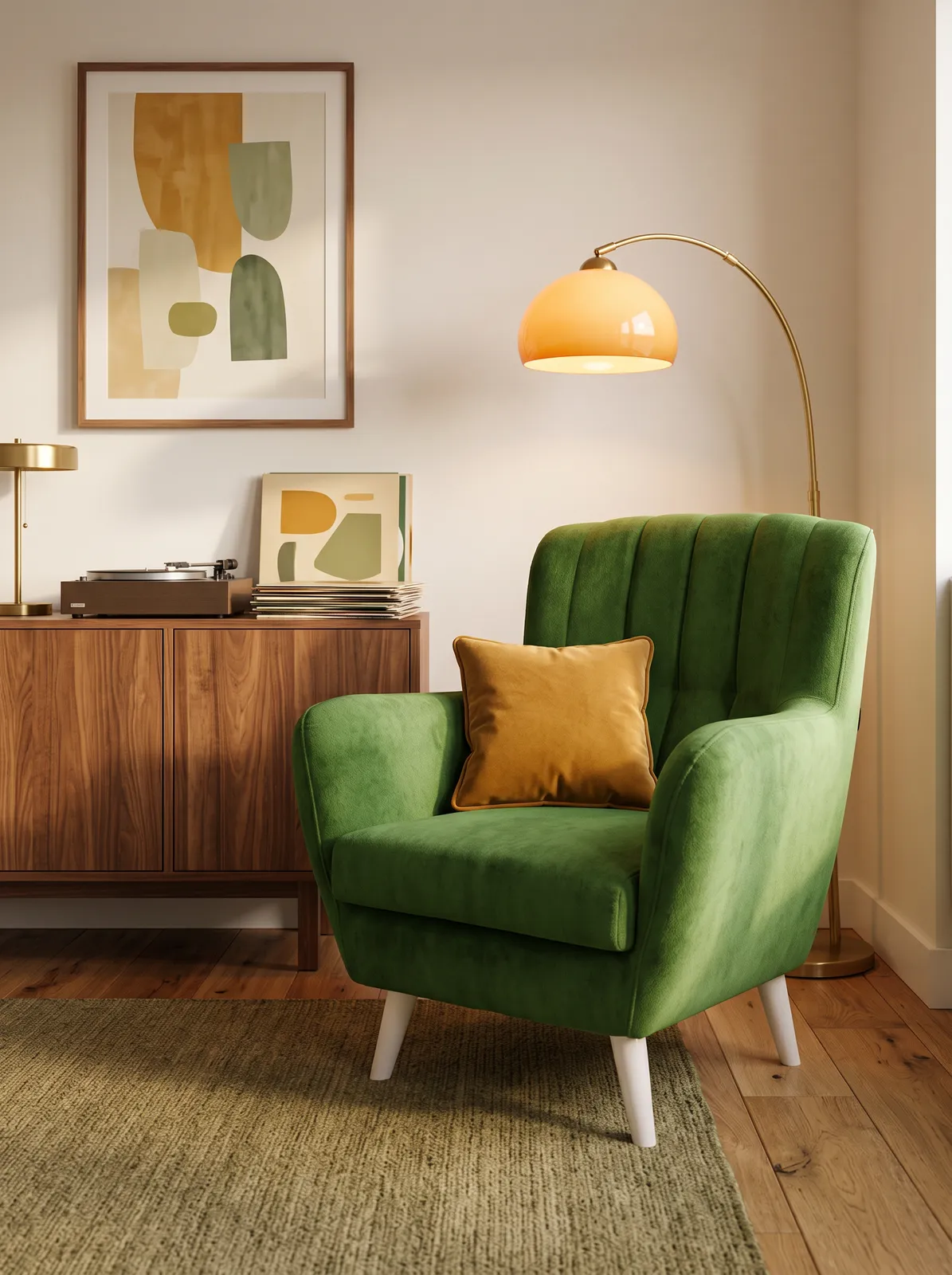 Butaca Nessen A4 de terciopelo verde en rincón mid-century