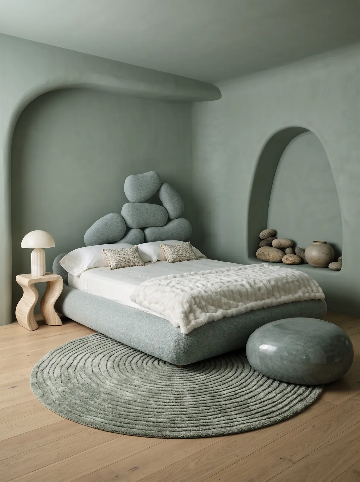 Cama Incanto con cabecero de piedras en dormitorio orgánico tono sobre tono