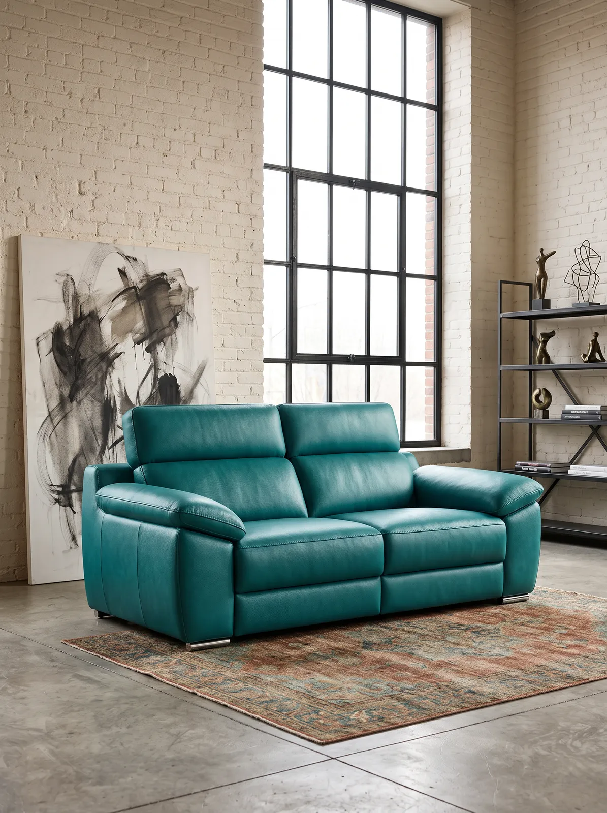 Sofá Nessen Martin en piel teal en un loft industrial
